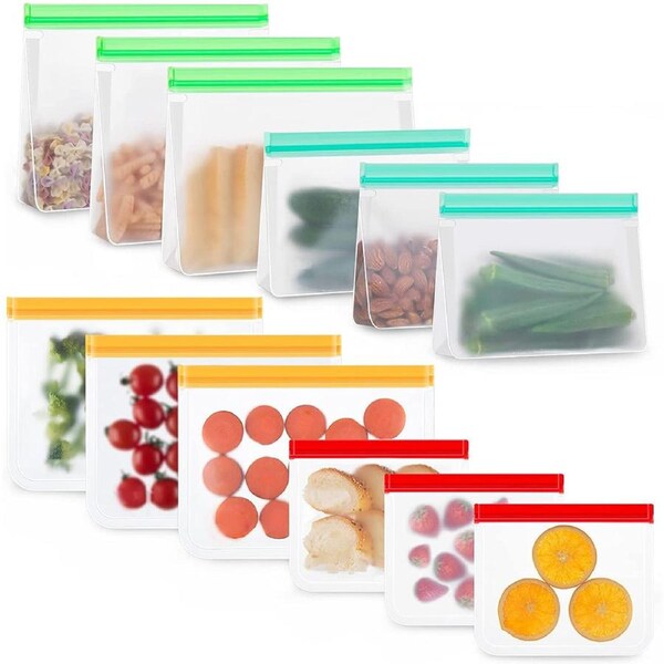 Reusable Ziplock Bags, Pack 12 Freezer Bags Air-Tight, Double Storage Sandwich Bags to Keep Food Fresh and Manageable