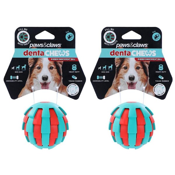 2x Paws And Claws 6.7cm Denta Chews Rubber Enrichment Ball Dog/Pet Playing Toy