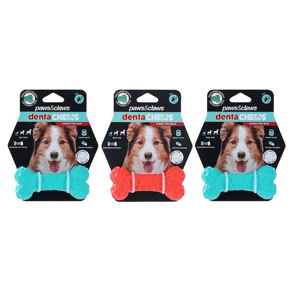 3x Paws And Claws 9.6x4.5x2.5cm Denta Chew Rubber Bone Dog/Pet Play Toy Assorted
