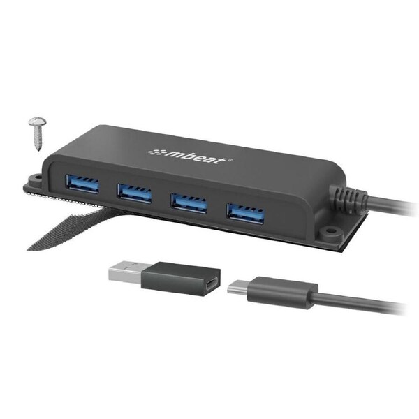 mbeat Mountable 4-Port USB-C Hub/Adapter w/4 x USB-A Female 3.0/USB-A To USB-C