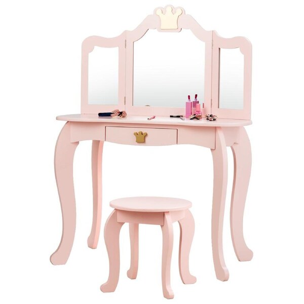 Costway Dressing Table Stool Mirror Set Princess Vanity Makeup Table Dresser w/Drawer Girls Birthday Gift