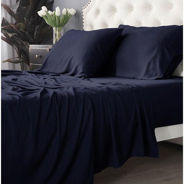 Park Avenue Long Single Fitted Sheet/Pillowcases Set 500TC Bamboo Cotton Indigo