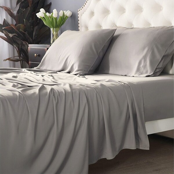 Park Avenue Split Queen Fitted Sheet Set/Pillowcases 500TC Bamboo Cotton Pewter