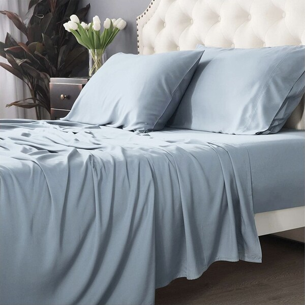 Park Avenue Split King Fitted Sheet Set/Pillowcases 500TC Bamboo Cotton Mid Blue