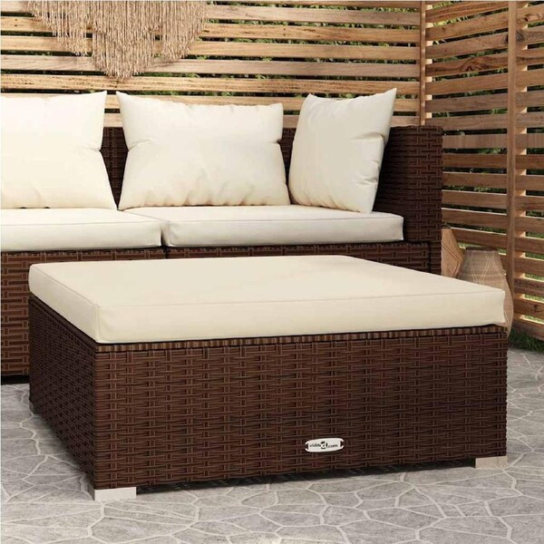 Garden Footrest with Cushion Brown 70x70x30 cm Poly Rattan vidaXL