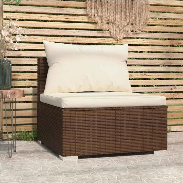 Garden Middle Sofa with Cushions Brown Poly Rattan vidaXL