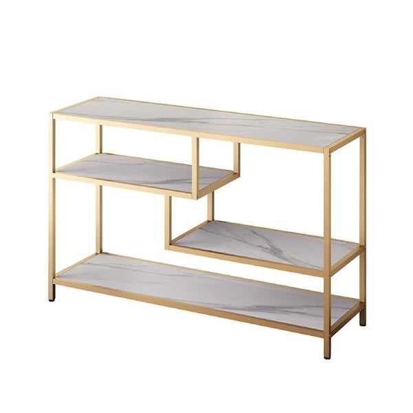 Gold Console Sofa Table End Entryway Hallway Small TV Stand Faux Marble 4 Tiers Storage Shelves