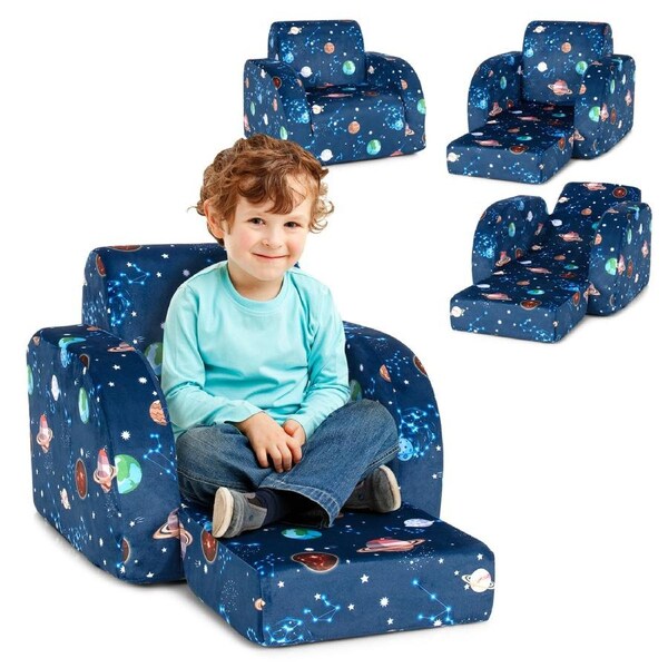 Costway Flip Out Sofa Chair Planet Pattern Velvet Couch Lounge Armchair Nursery Bedroom Blue