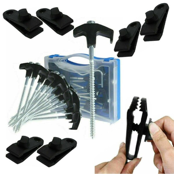 In Ground Camp Tent Steel Stakes & Tarp Clips Canvas Clamps Set Camping Pegs Screw