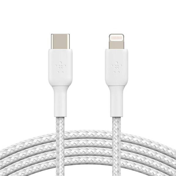 Belkin BOOST CHARGE Braided Lightning to USB-C Cable (2m/6.6ft) - White (CAA004bt2MWH), 30W Fast Charge, 480Mbps Data Transfer, MFi-Certified