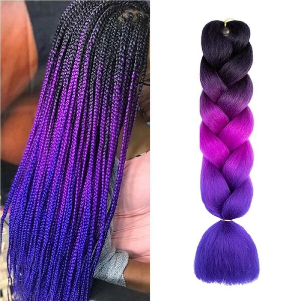62cm Synthetic Gradient Coloured Braiding Hair Extensions -Black&Dark Purple&Dark Blue