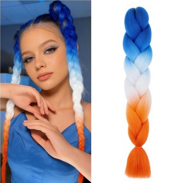 62cm Synthetic Gradient Coloured Braiding Hair Extensions - Blue&White&Orange