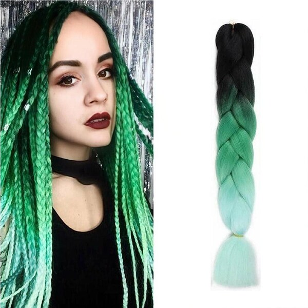 62cm Synthetic Gradient Coloured Braiding Hair Extensions -Black&Green&Mint