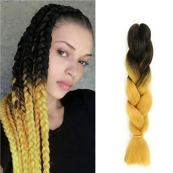 62cm Synthetic Gradient Coloured Braiding Hair Extensions - Black&Cadmium Yellow