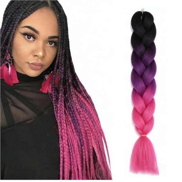 62cm Synthetic Gradient Coloured Braiding Hair Extensions -Black&Hot Pink&Pink