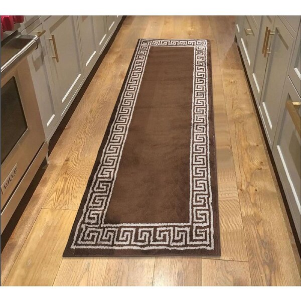 RAMESSES Greek Key Anti-Slip Hallway and Modern Kitchen Runner Rug 80x150cm / Charcoal-Cream