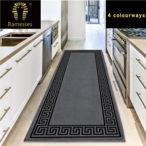 RAMESSES Greek Key Anti-Slip Hallway and Modern Kitchen Runner Rug 67x220cm / LightGrey-Black