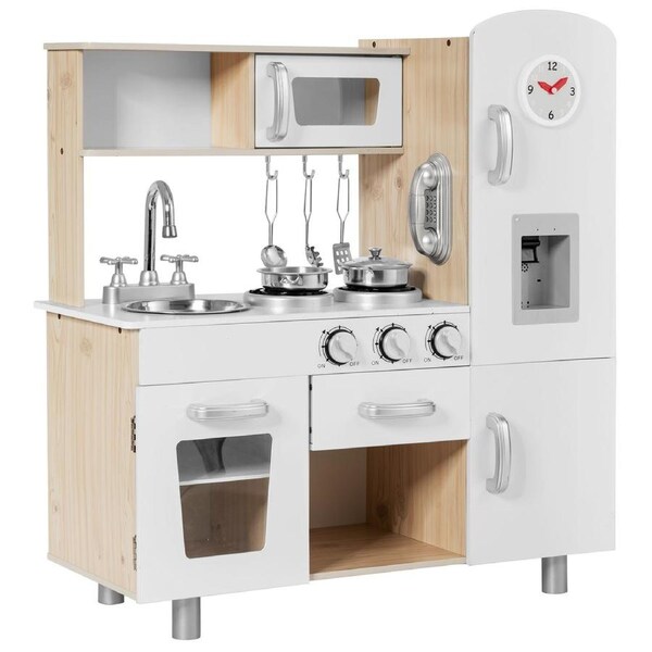 Costway Kitchen Play Set Wood Pretend Play Set Cooking Toys w/Accessories Home Cookware Gift White