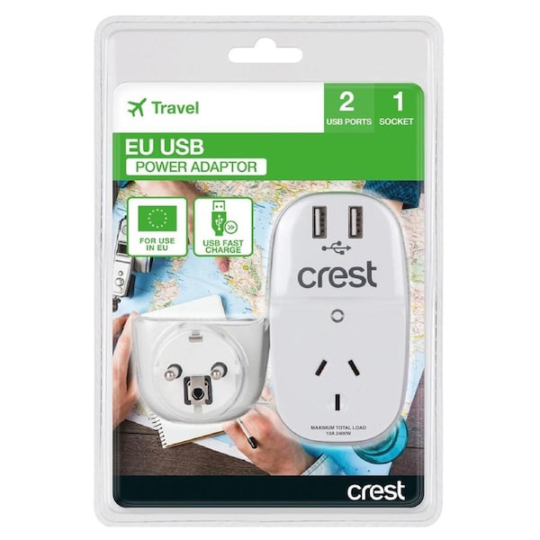 Crest EU to AU Travel Power Adaptor 240V Converter w/ Socket/2 USB Ports White