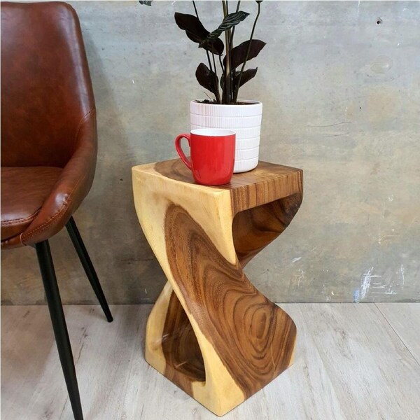 Single twisted stool-Raintree Wood Stool/Corner side Table Lamp Table Carved out of a Whole Tree Trunk.
