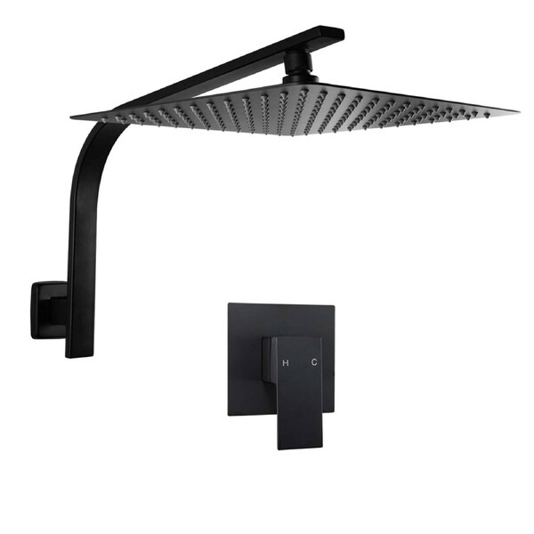 PHASAT Matte Black 12" Square Rain Shower Head With S-Shaped Extension Arm – High Pressure, 304 Stainless Steel
