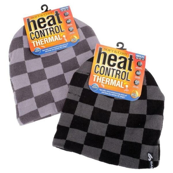 2Pk Beanie Mens Heat Control Thermal Chequered Black & Grey