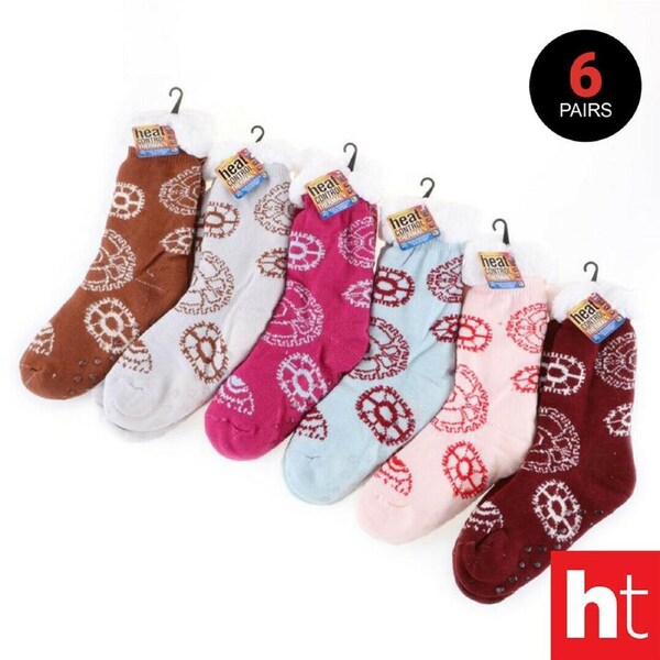 6 Pairs Socks Adults Heat Control Extra Thick Sherpa Lined Anti-Slip Cut Gears