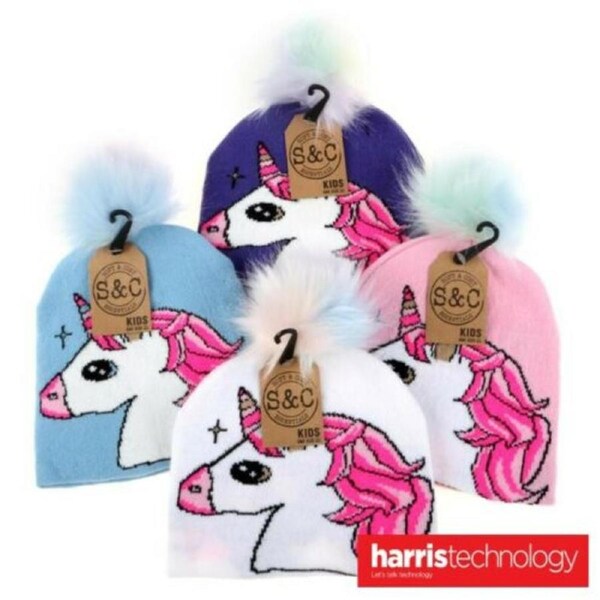 Soft Cosy 4Pce Beanie Kids Pom Pom Unicorn Purple, Pink, White & Baby Blue