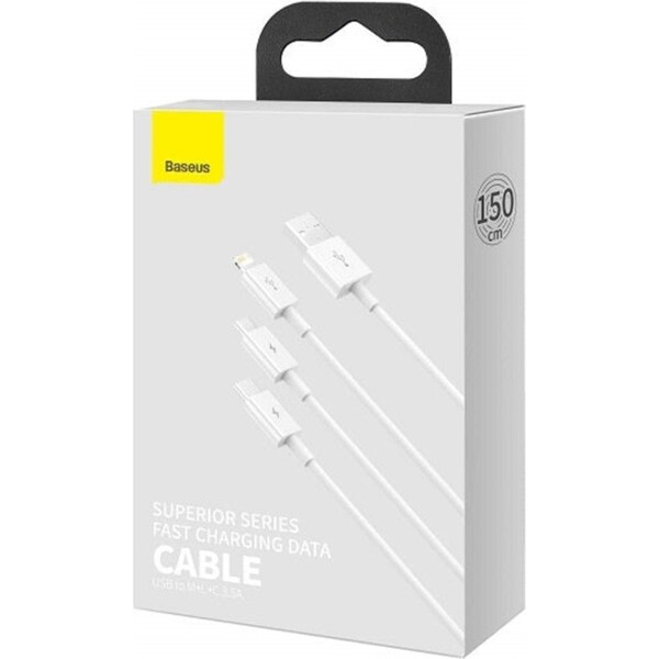 Baseus Superior fast charging 3 in 1 Cable USB-A to Micro,USB C & Lightning Cable 1.5 Meter - White