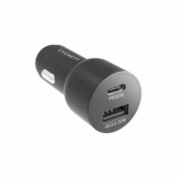 Cygnett 20W Dual Port Car Charger (20W USB-A + 20W USB-C) - Black
