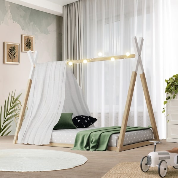 Oikiture Bed Frame Wooden Teepee House Frame Pine Timber Bed Base