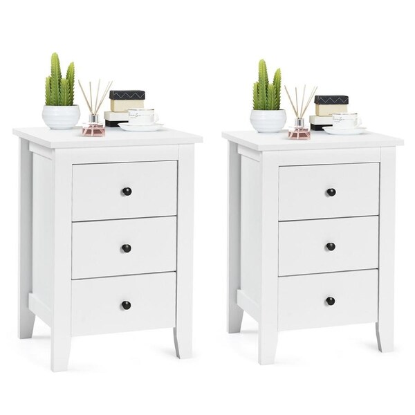 Costway 2x Bedside Tables Wood Side Table Nightstand Storage Cabinet w/3 Drawers Bedroom Living White
