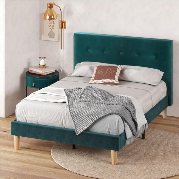 Zinus Green Velvet Bed Frame Queen Double Size Upholstered Wooden Legs Double