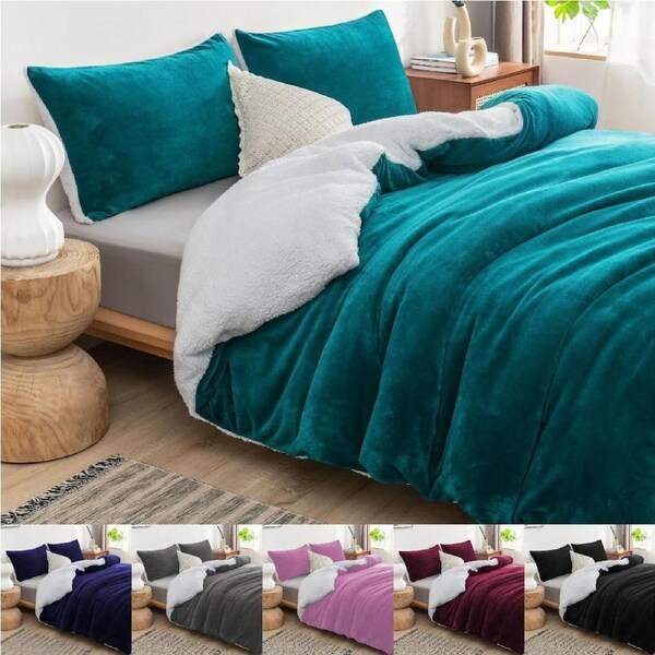 Luxor 2 in 1 Teddy Fleece Sherpa Quilt Doona Duvet Cover Set and Blanket in 6 Colors Super King / Charcoal