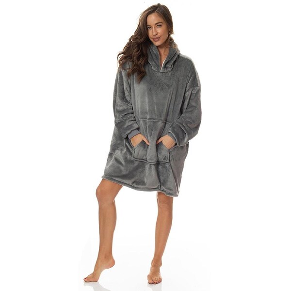 Royal Comfort Snug Hoodie Nightwear Super Soft Reversible Fleece 750GSM Grey