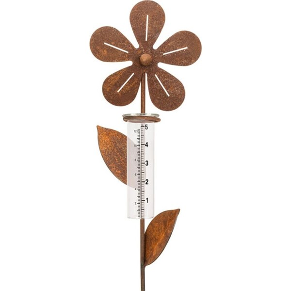 68cm Rusted Flower Stake w/Glass Rain Gauge Outdoor Yard Decoration Garden Decor