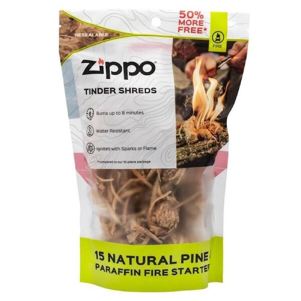 Zippo Tinder Shreds - 15 Natural Pine & Paraffin Fire Starters Outdoor Easy Spark