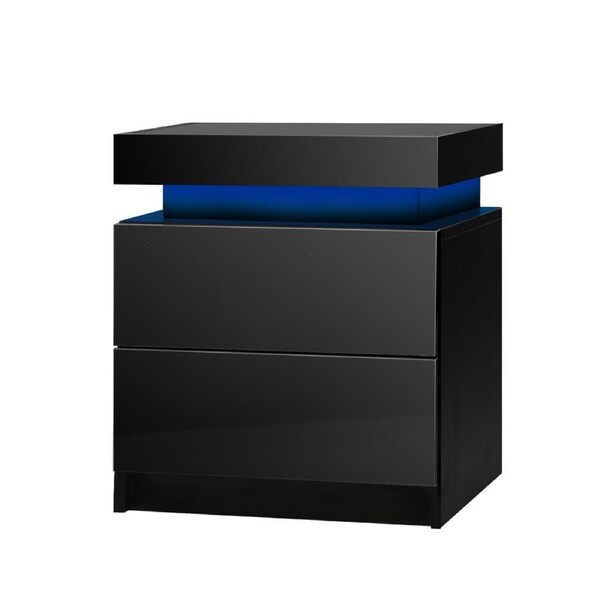 Oikiture Bedside Tables 2 Drawers Side Table RGB LED High Gloss Nightstand Cabinet