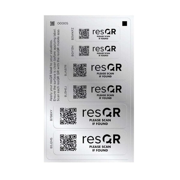 6pc resQR Heavy Duty Sticker Pack Lost Item Recovery w/ 3 Sizes For Phones/Cards
