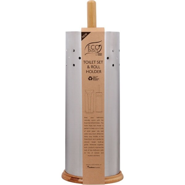 White Magic Bamboo Brush Eco Basics Stainless Steel Toilet Paper/Roll Holder Set