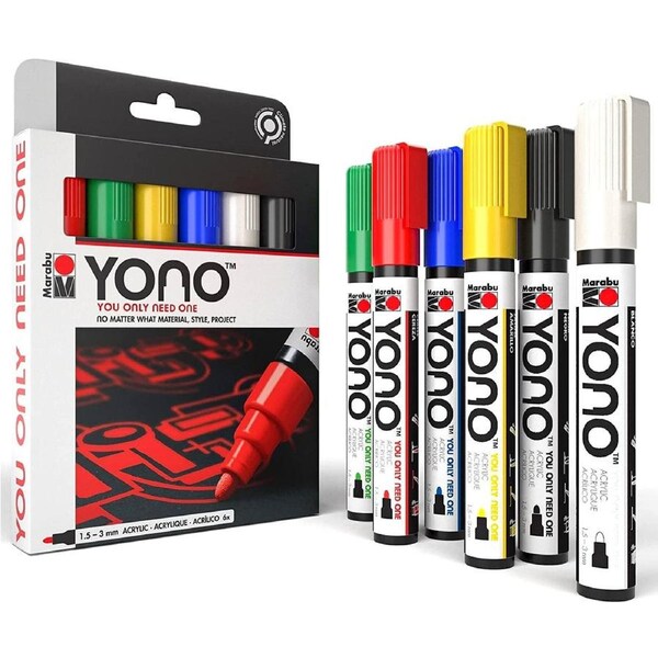 Marabu YONO 6pk Pens Acrylic Bullet Tip 3mm Paint Markers - Basic Colours