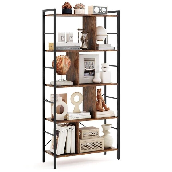 Costway 5-Tier Industiral Bookcase Bookshelf Wood Display Storage Study Home Office Living Room
