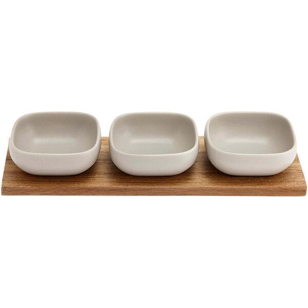 4pc Ladelle Essentials Porcelain Dip/Sauce Bowl & 32.5cm Acacia Tray Set Stone