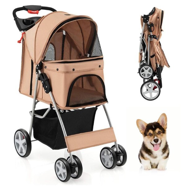 Costway Pet Stroller Dog Pram Cat Carrier Foldable Travel Pushchair w/Cup Holder & Storage Basket Coffee