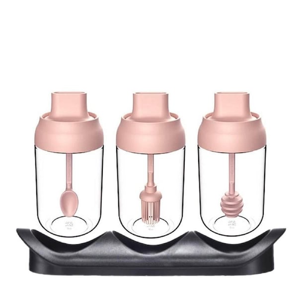 Kitchen Condiment Oil Honey Sugar Glass Bottle Pink Set