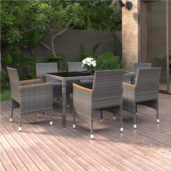 7 Piece Garden Dining Set Poly Rattan and Tempered Glass Grey vidaXL