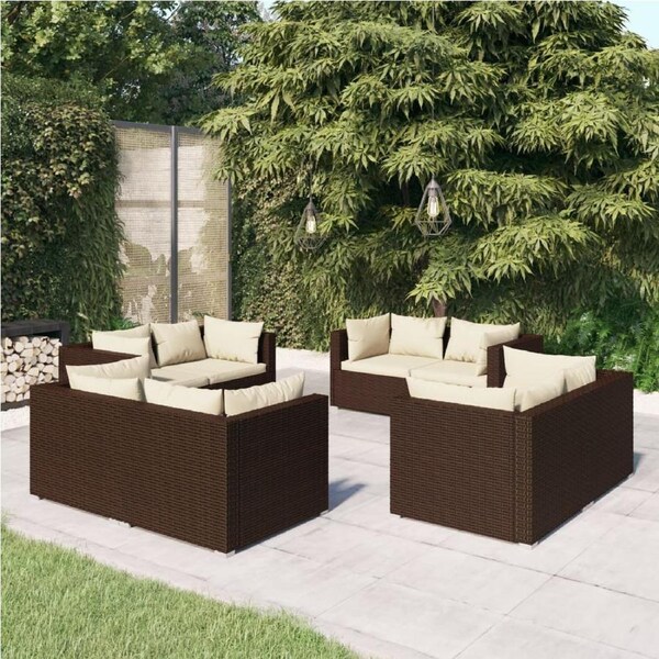 8 Piece Garden Lounge Set with Cushions Poly Rattan Brown vidaXL