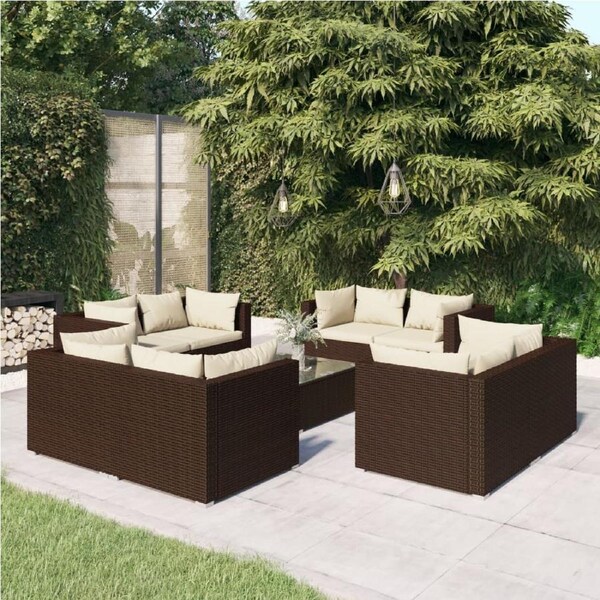 9 Piece Garden Lounge Set with Cushions Poly Rattan Brown vidaXL