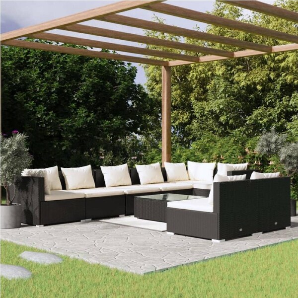 9 Piece Garden Lounge Set with Cushions Black Poly Rattan vidaXL