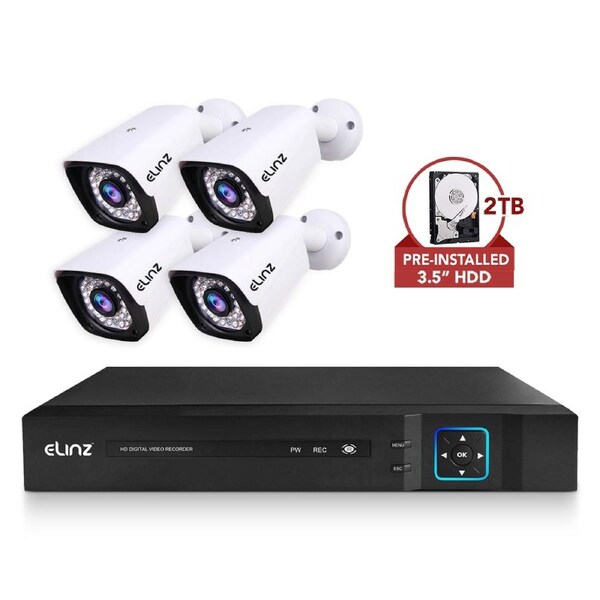 Elinz 4CH DVR AHD 1080P HD CCTV 4x Outdoor Bullet Security Camera System 2TB HDD